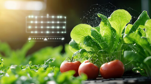 Fresh vegetables growing in garden with digital sensors monitoring growth. image features vibrant lettuce and ripe tomatoes, showcasing modern agricultural technology - Powered by Adobe