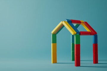 A colorful toy house structure made of building blocks against a solid blue background.