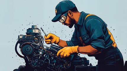 Fototapeta premium A cartoon-style illustration of a man wearing blue overalls and a cap, working on an engine.