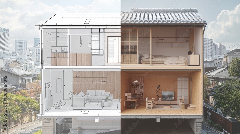 Poster a split image showing a modern house design with an architectural blueprint on one side and a furnis