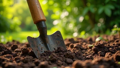 Gardening trowel in freshly dug soil with green background