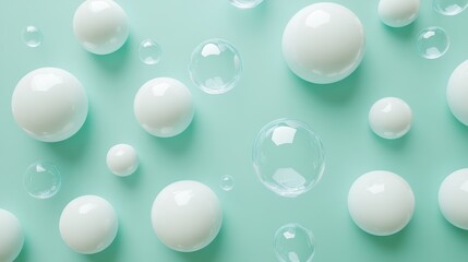 White spheres and bubbles on teal background,  abstract design, product backdrop