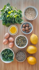 Balanced nutrition concept for clean eating flexitarian mediterranean diet. Assortment of healthy food ingredients for cooking on a wooden kitchen table.