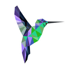 Imagine a vibrant hummingbird, elegantly crafted from a series of geometric shapes. Its body, a patchwork of luminous triangles and hexagons, shimmers in hues of emerald green and sapphire blue. Each 