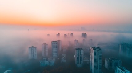 Fototapeta premium Dramatic Aerial View of Densely Packed Urban Skyline Shrouded in Atmospheric Smog and Mist at Sunset