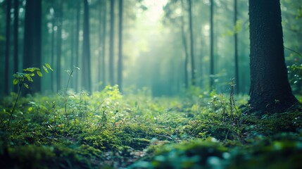 Fototapeta premium Forest Path Mystique: Sunlight filters through a dense, mystical forest, illuminating a path carpeted with lush green moss. The tranquil atmosphere evokes a sense of serenity and wonder. 
