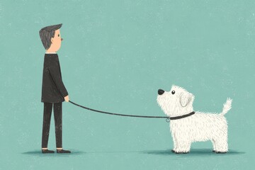 Man in Suit Walking a Cute White Dog on a Leash in a Simple Scene