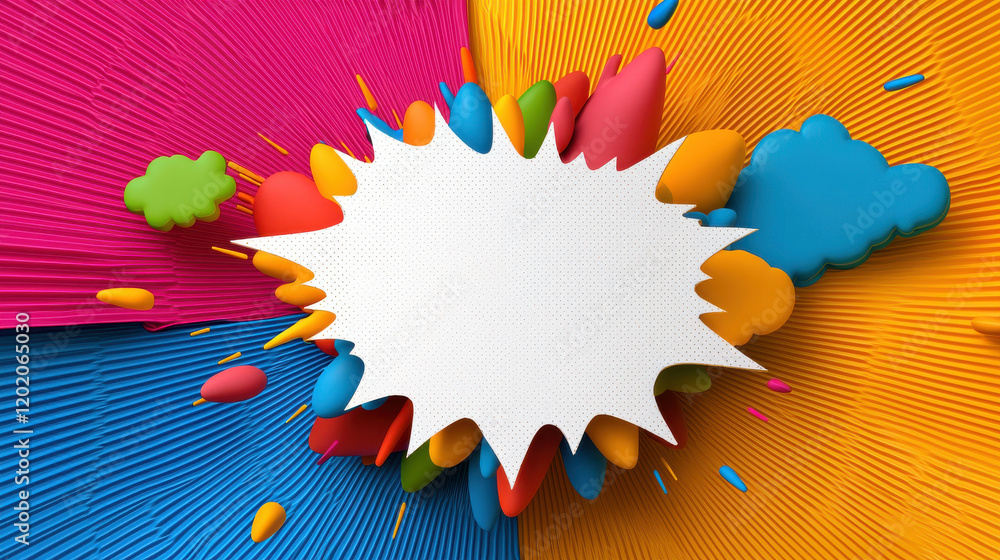 Leinwandbilder bright and colorful pop art style background with abstract shapes and blank speech bubble for text. 