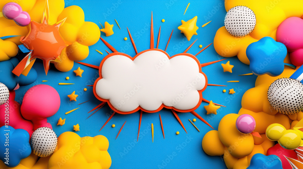 Poster bright and colorful pop art style scene featuring cloud shape surrounded by vibrant shapes and stars