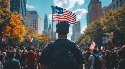 A man with dark hair and a black shirt stands in the middle of a crowd amidst a sea of American flags.