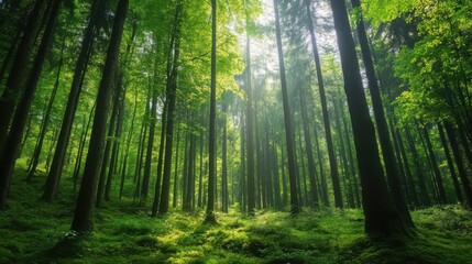 Obraz premium Sun Dappled Forest Path: Sunlight streams through a canopy of verdant trees, casting ethereal light on a moss-covered forest path. The scene evokes a sense of tranquility and wonder.