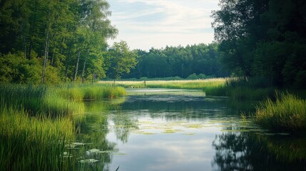 Fototapeta premium Serene River Reflections: A tranquil river meanders through a lush green landscape, its still waters mirroring the surrounding trees and sky, creating a picturesque scene of natural serenity. 