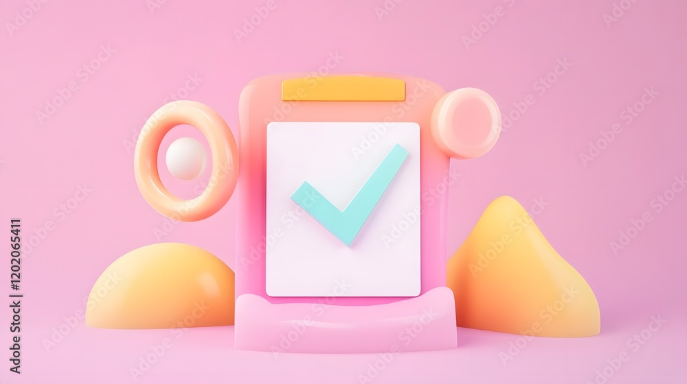 Poster minimal checklist with green tick on gradient purple background symbolizing completed task