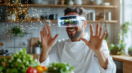 food technologist wearing augmented reality glasses in kitchen, smiling and interacting with virtual elements. scene showcases innovation in food technology