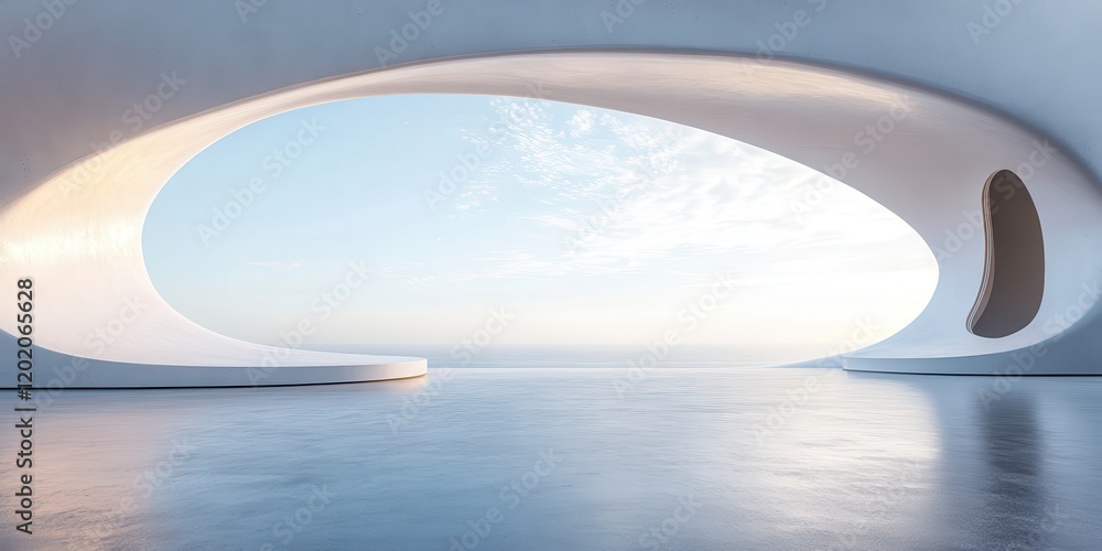Poster serene minimalist architectural space with a futuristic design overlooking a calm horizon and soft c