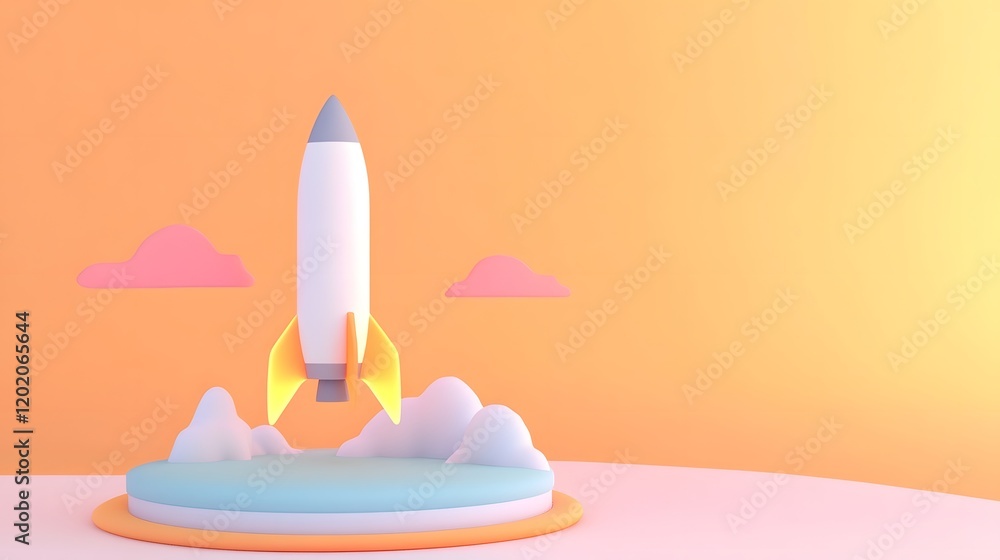 Poster Minimal Rocket Launch from Platform in Blue and White Tones Symbolizing Project Startup