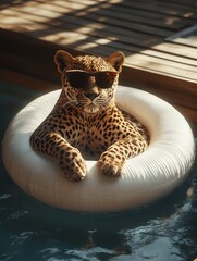 Leopard in sunglasses swimming on inflatable ring in pool, on vacation