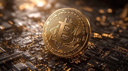 bitcoin coin on top of circuit board.