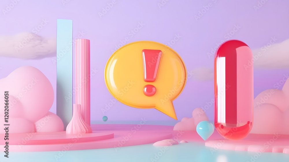 Poster exclamation point in yellow speech bubble on pastel background symbolizing alert and notification