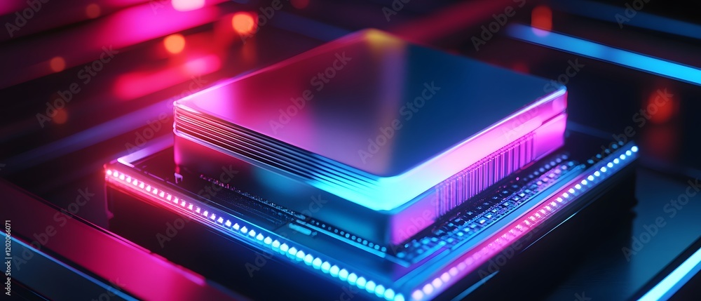 Poster a close-up of a modern microprocessor with vibrant lighting effects highlighting its structure. this