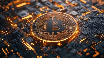 A close-up photograph of a Bitcoin logo on top of a computer motherboard.