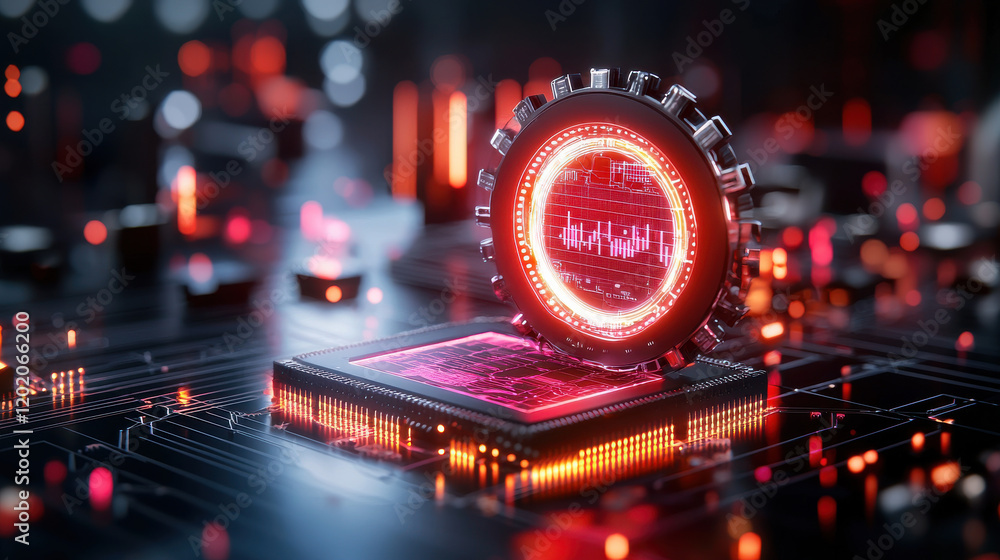 Leinwandbilder futuristic 3d technological interface featuring glowing circular element on circuit board, showcasin
