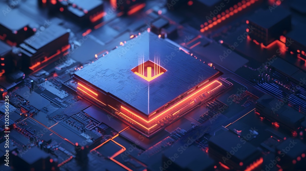 Poster a close-up view of a futuristic computer chip showcasing vibrant neon lights and intricate circuitry