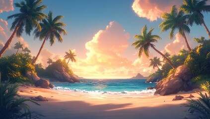 Tropical beach sunset paradise, island calm ocean game background