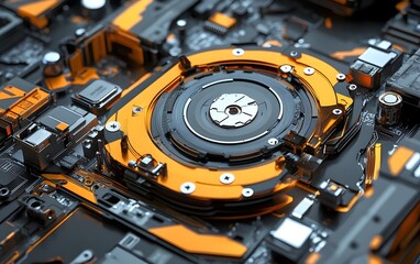 A close-up view of a high-tech circuit board featuring intricate details and vibrant orange elements