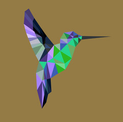 Imagine a vibrant hummingbird, elegantly crafted from a series of geometric shapes. Its body, a patchwork of luminous triangles and hexagons, shimmers in hues of emerald green and sapphire blue. Each 