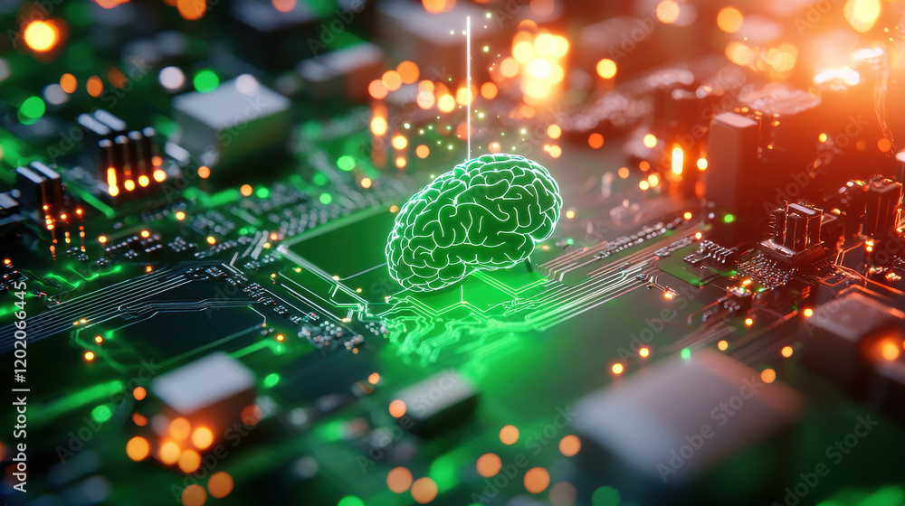 Aufkleber cinematic shot of 3D model displaying AI brain on circuit board, showcasing technology and innovation in vibrant, futuristic setting