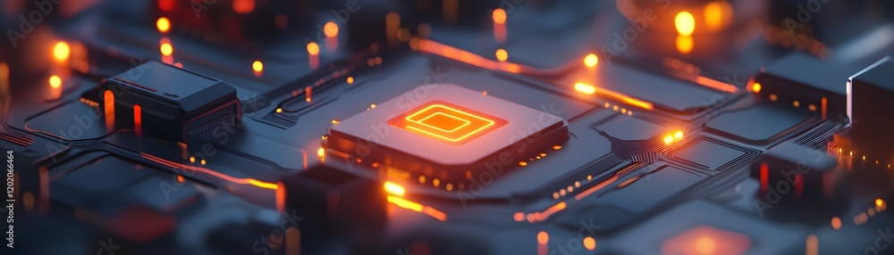 Poster a close-up view of a modern microchip illuminated with orange lights, showcasing its intricate desig