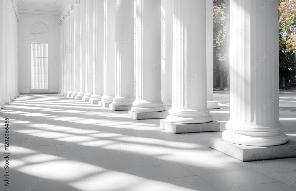 Poster serene perspective of grand white columns with soft shadows in an elegant architectural space bathed