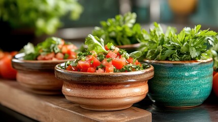 A vibrant salsa dish combines fresh tomatoes and herbs, sitting elegantly in rustic bowls, illustrating the beauty of homemade culinary creations.
