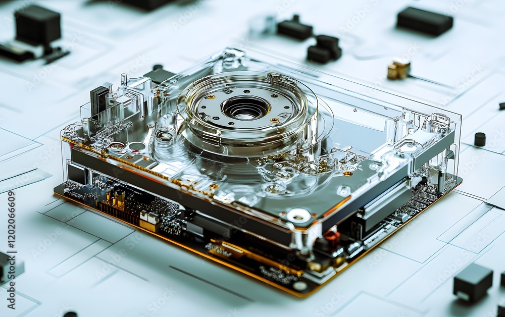 Poster a close-up view of a transparent hard drive showcasing intricate mechanical components, highlighting