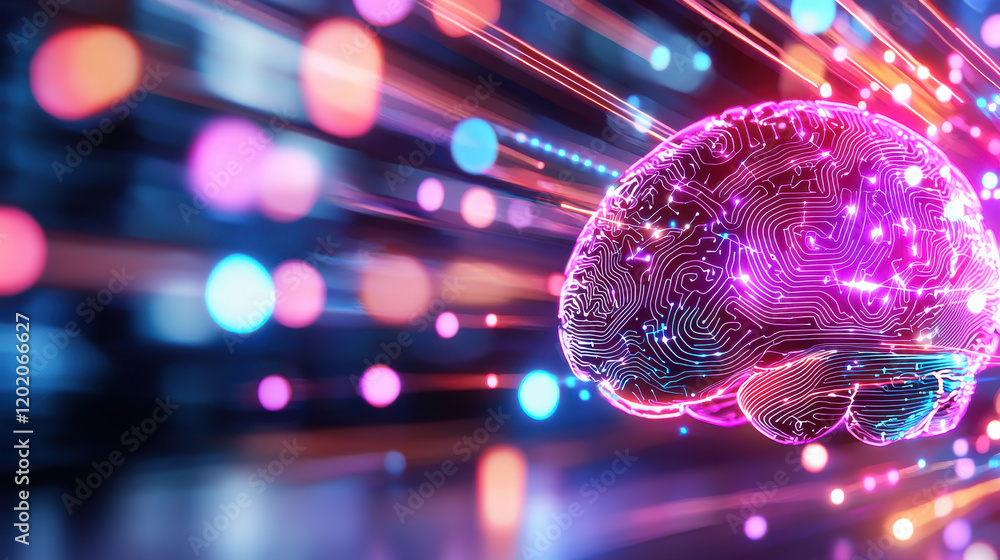 Poster vibrant digital brain model with glowing circuits, surrounded by colorful light trails, symbolizes a
