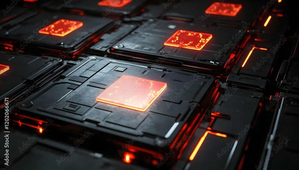 Poster a close-up view of illuminated computer circuits with glowing red elements, showcasing intricate tec