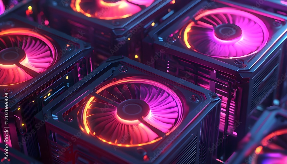 Poster a close-up view of modern computer cooling systems featuring rgb lights, showcasing technology and i