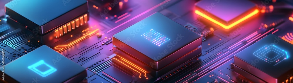 Poster a close-up view of modern cpu chips with vibrant lights and intricate circuits, showcasing the advan