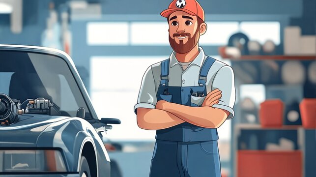 A cartoon mechanic stands with his arms crossed next to an engine.