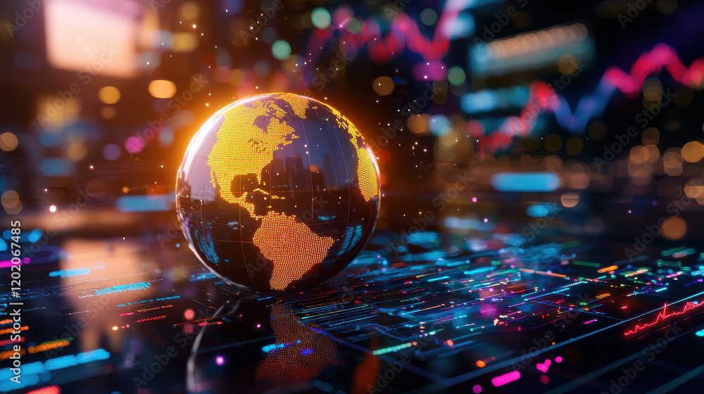 Aufkleber cinematic view of 3d holographic globe displaying live data, surrounded by vibrant lights and digita