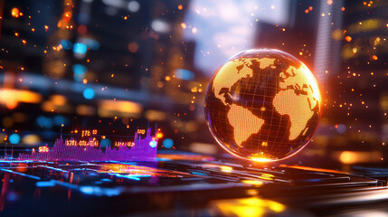cinematic view of 3D holographic globe displaying live data, surrounded by vibrant city lights and digital elements, creating futuristic atmosphere