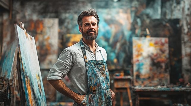 The man in the image is wearing a paint-splattered apron and standing in front of an easel with his hands on his hips.