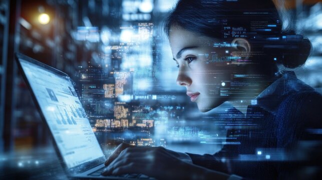 Woman Immersed in Data Analysis on Laptop