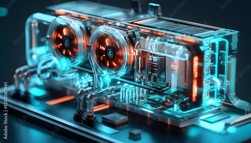 Poster a futuristic computer graphics card design featuring vibrant blue and orange lights, showcasing adva
