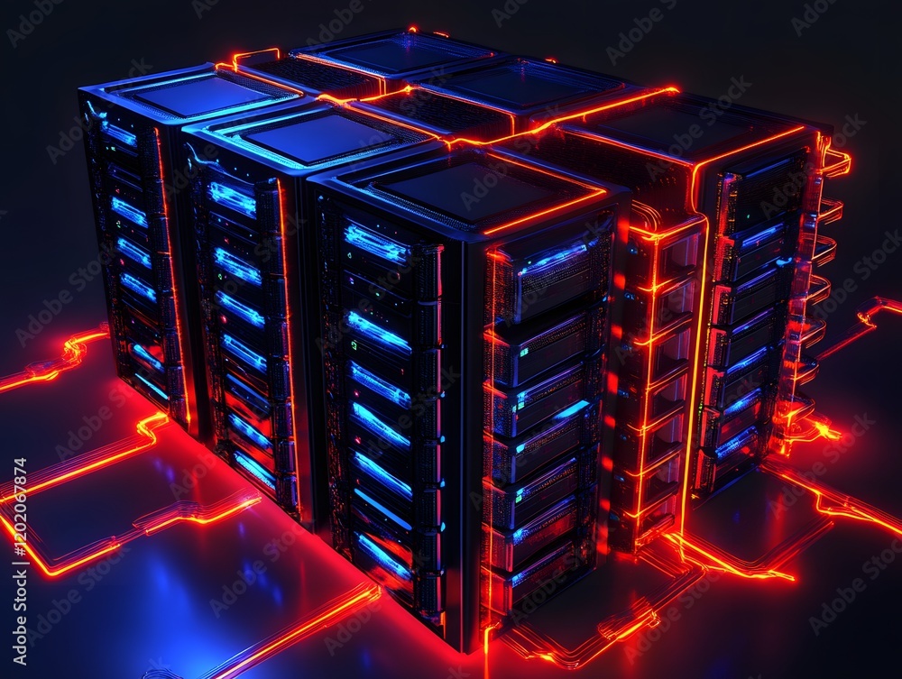 Aufkleber a futuristic data center featuring sleek servers illuminated with vibrant blue and red lights, symbo