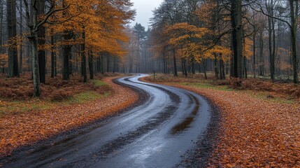 Obraz premium Winding Road Through Autumnal Forest A Scenic Drive Through Fall Foliage in a Tranquil Woodland Setting