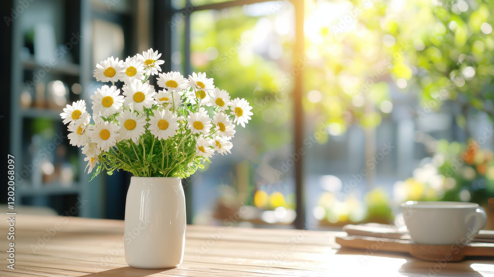 Aufkleber bright and cheerful arrangement of daisies in white vase, set on wooden table. warm sunlight filters through window, creating serene and inviting atmosphere