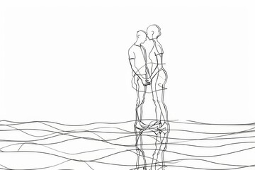 Two abstract figures stand together on a reflective surface, suggesting intimacy and connection.
