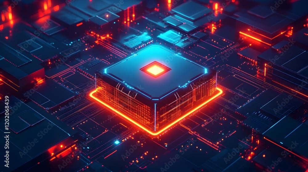 Poster a futuristic microchip glows in neon colors, surrounded by intricate circuit designs. this digital i